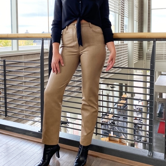 Tan Straight Leg Leather Pants